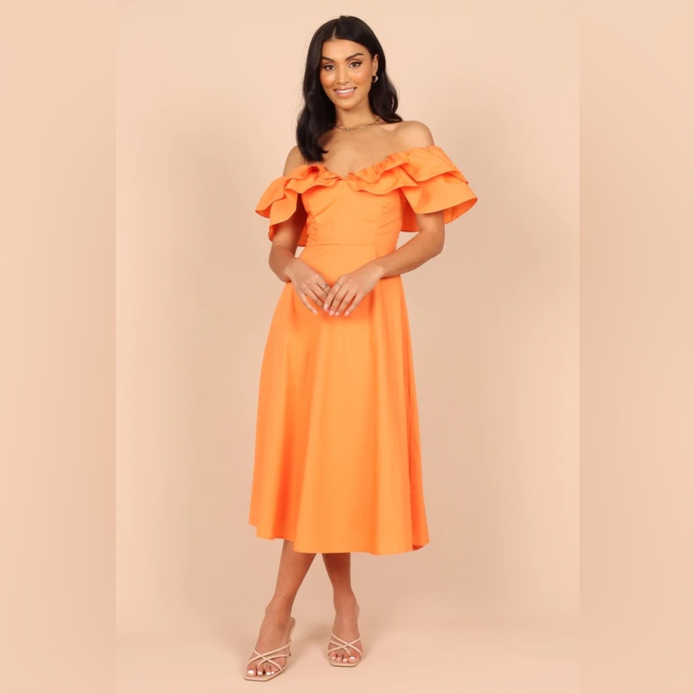 CABO FRILL SLEEVE MIDI DRESS - ORANGE